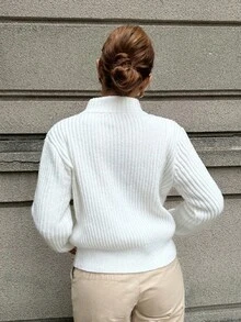 Franclia 女士简约时尚刺绣领毛衣，时尚开衫 - 白色 - 查看 2