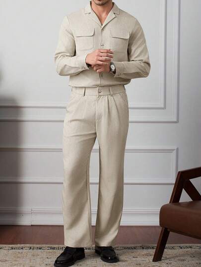 Core Aspect Men's Comfortable Solid Long Sleeve Shirt And Elastic Waist Zip-Up Pants Set, Romantic & Elegant, Suitable For Formal Or Casual Occasions, Parties, Dinners, Minimalist Office, Commute, Business, Spring, Autumn, Winter, Can Be Worn With Suits Or Casual Outfits, Cocktail Dresses, Suitable For Self-Wear Or Gift To Friends