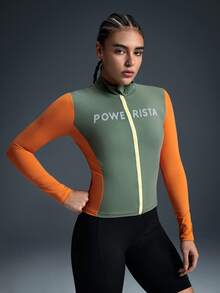 Powerista Women's Stand Collar Letter Print Zipper Front Long Sleeve Top, Casual Everyday Outdoor Cycling Wear - Green - View 7