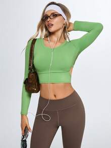SHEIN Sports 女款萊姆綠長袖短版上衣，夏季性感露背綁帶健身T恤，彈性運動瑜伽衫，健身裹身襯衫，運動服飾 - 綠色 - 查看 3