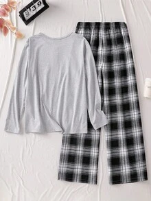 2pcs Plaid Casual Loungewear Set With Faux Button Front, Long Sleeve Top And Pants For Teens