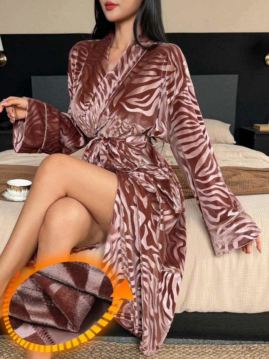 DAZY Women's Plush Textured Long Robe, Autumn/Winter - Pink - View 1