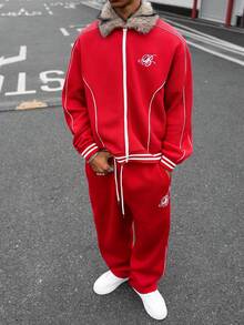 PAVTROS Men's Fashion Personalized Fur Collar Embroidered Sweatshirt And Sweatpants Casual Suit - Red - View 7