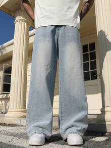 Manfinity Roghcode 男士黑色宽松阔腿休闲牛仔裤 - 淺色水洗藍 - 查看 6