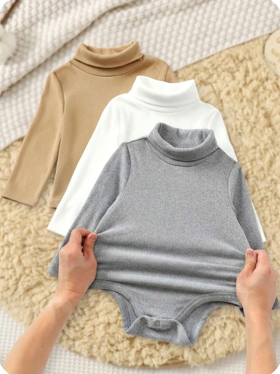 SHEIN 3件套新生儿男女宝宝加厚保暖纯色高领长袖连体衣裤套装，舒适百搭，时尚休闲，适合室内、室外、日常穿着、运动、玩耍、派对、摄影、节日、万圣节等秋冬季场合。 - 彩色 - 查看 1