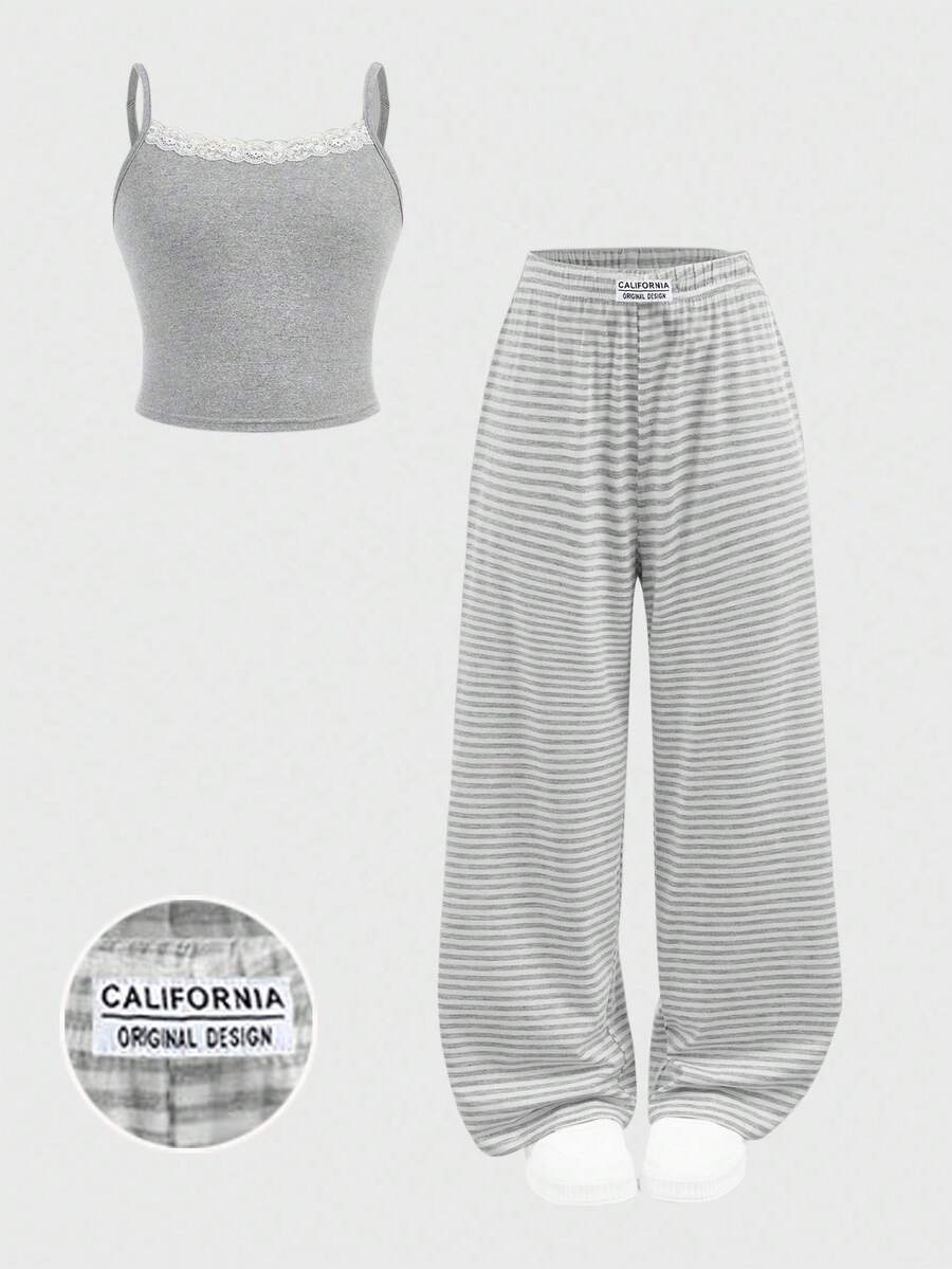 SHEIN Tween Girl Casual Homewear Fitted Lace Trim Camisole And Wide Leg Striped Knit Pants Set, Heather Gray - Grey - View 1