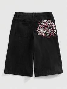 ROMWE MEN Street Life Bermudas casuales de mezclilla con bordado de sakura en el bolsillo para hombre - Azul - Ver 7
