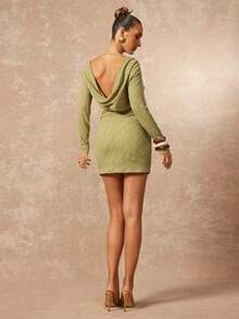 Lumalex Olive Green Autumn Seductive Night Out Mini Dress,Textured Stretch Draped Open-Back Cowl Long Sleeves Soft Crinkle Knit Body-Contouring Elegant Party - Green - View 8