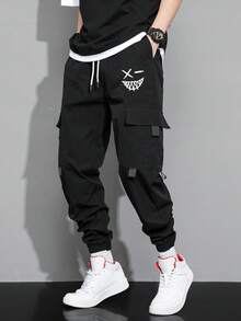 Manfinity Hypemode Loose Men's Letter & Expression Print Flap Pocket Drawstring Waist Cargo Pants - Black - View 1