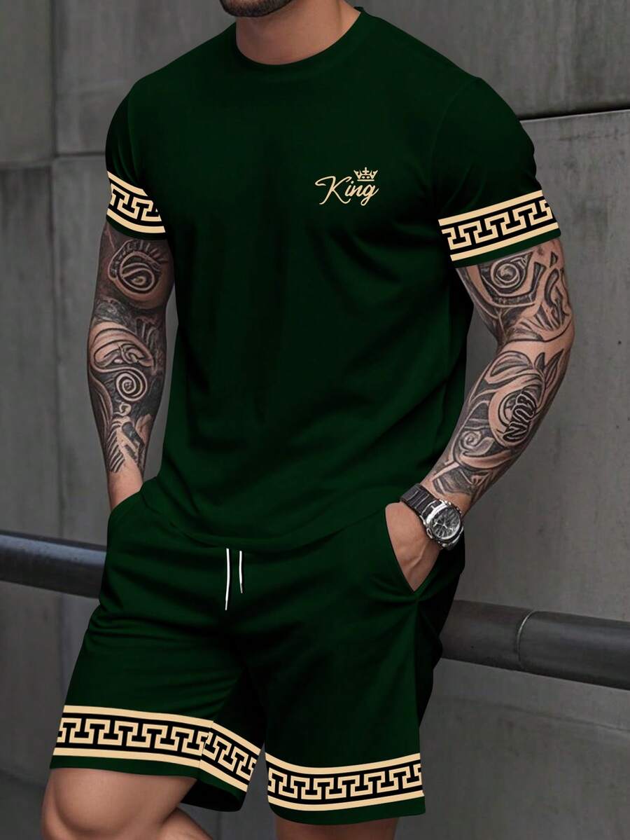 Manfinity Roughcore Men's Casual Summer Vacation Crown & Letter Print Slim Fit Short Sleeve T-Shirt And Drawstring Waist Shorts Set - Multicolor - View 1