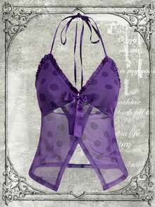 Y2Kool Annarte Purple, Mesh, Sheer, Bowknot, Y2K, Girly, Casual, Women's Halter Neck Top, Suitable For Vacation, Gathering, Party, Daily Wear Sexy Top Matching Idea Stylish Collection New Years Ruffle Trim Top Purple Top Women Sheer Top Purple Halter Top Polka Dot Top Purple Polka Dot Top Springs Women Birthday For Women Carnival - Purple - View 6