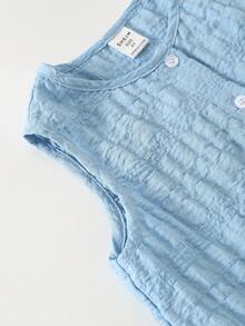 SHEIN 年轻女孩休闲街头时尚通勤装，纹理面料无袖圆领上衣和直筒裤套装 - 藍色 - 查看 7