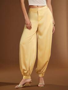 Hauture Pantalones casuales de unicolor con bolsillos y cordón para mujer, versátiles para vacaciones y viajes - Amarillo - Ver 2