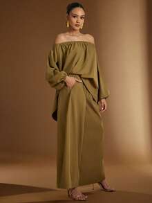 Hauture Pantaloni damă cu talie elastică, model minimalist simplu și croială lată, super drăguță - Kaki - Vizualizare 1