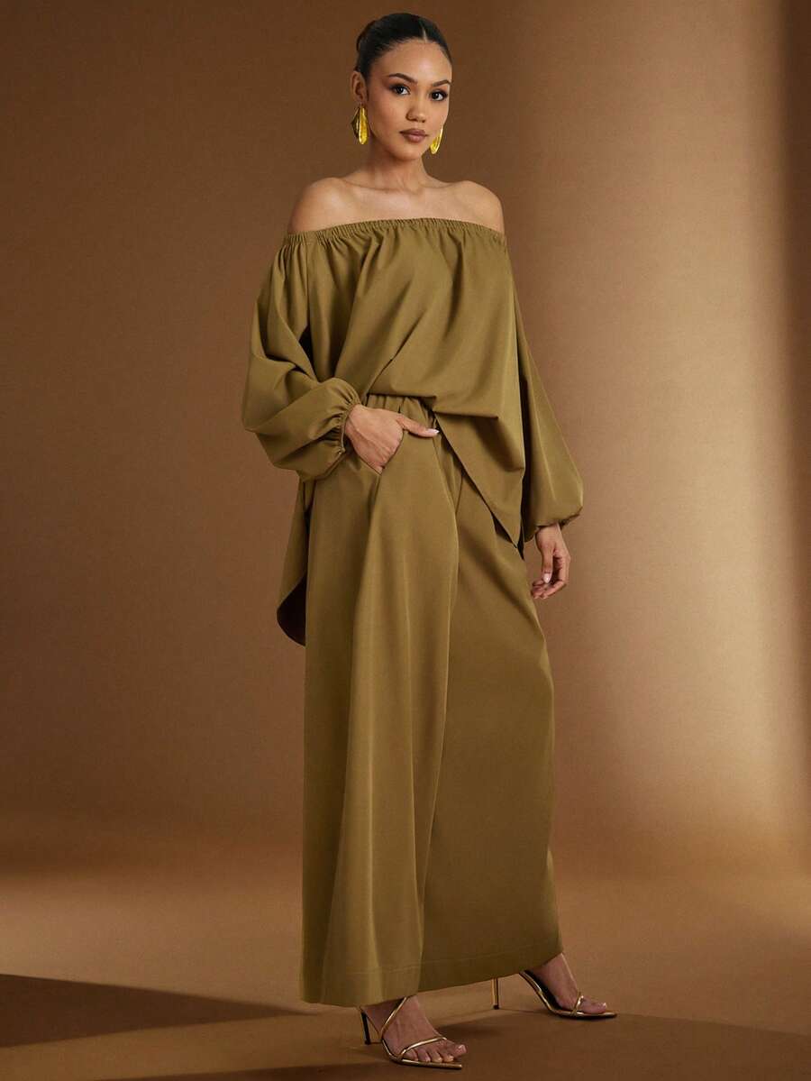Hauture Pantaloni damă cu talie elastică, model minimalist simplu și croială lată, super drăguță - Kaki - Vizualizare 1