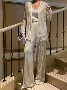 DAZY Women's Sequin Patchwork Long Sleeve Cardigan And Wide Leg Pants Casual Party Suit Y2k - Apricot - View 2