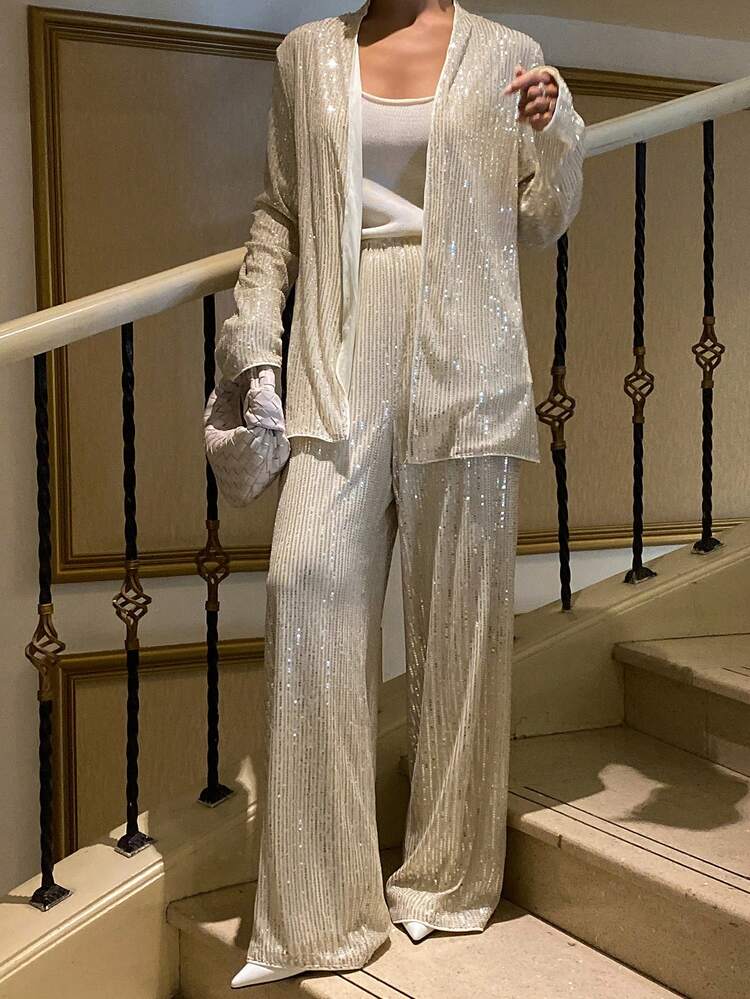 Women's Sequin Patchwork Long Sleeve Cardigan And Wide Leg Pants Casual Party Suit Y2k