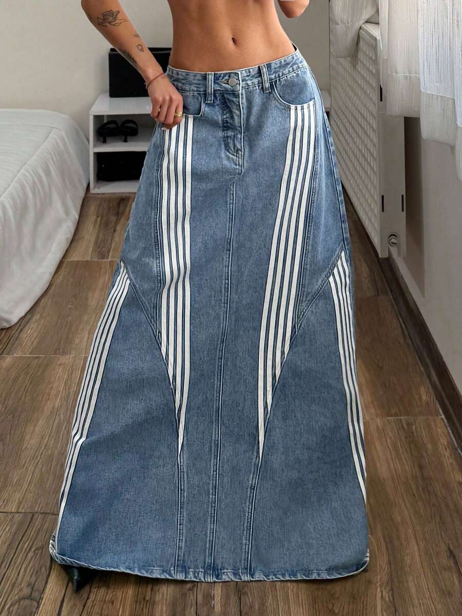 StreetHx Women's Casual Washed Striped Maxi Denim Skirt Jean Skirt Y2k Long Beach Skirt Split Skirt - Blue - View 1