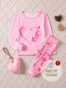 女童春夏针织圆领长袖蝴蝶渐变霓虹图案粉色休闲两件套，时尚紧身睡衣家居服 - 粉色 - 查看 3