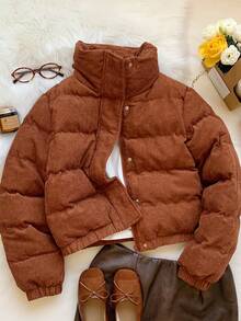 SHEIN EZwear 秋冬季按扣式灯芯绒绗缝外套 - 棕色 - 查看 5