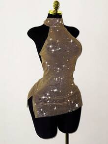 Jeanoix 女士水钻露背超短连衣裙，适合节日派对和聚会 - 香檳色 - 查看 3