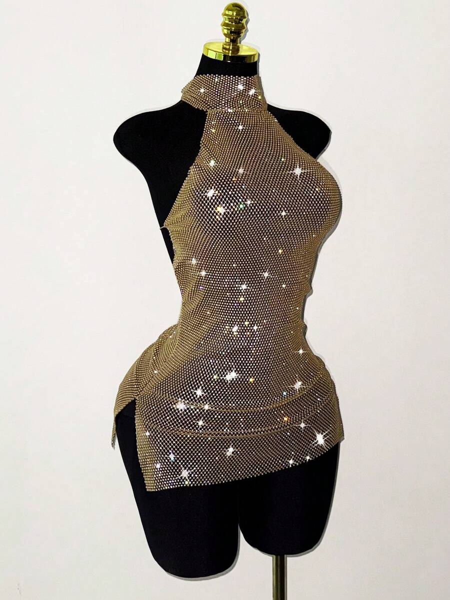 Jeanoix 女士水钻露背超短连衣裙，适合节日派对和聚会 - 香檳色 - 查看 1