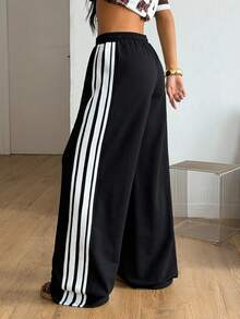 Coolane 女士春夏街头休闲复古运动日基础款简约返校学院风条纹纹理装饰弹力腰带黑色阔腿运动裤 - 黑色 - 查看 1