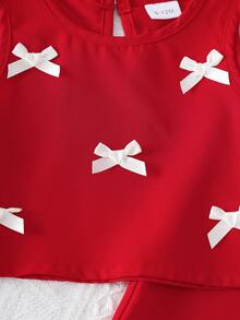 SHEIN Playful Pals 2件套婴儿/幼儿男女通用0-3岁时尚可爱3D蝴蝶结装饰无袖上衣和短裤套装，适合日常穿着、度假、春夏穿着 - 紅色 - 查看 4