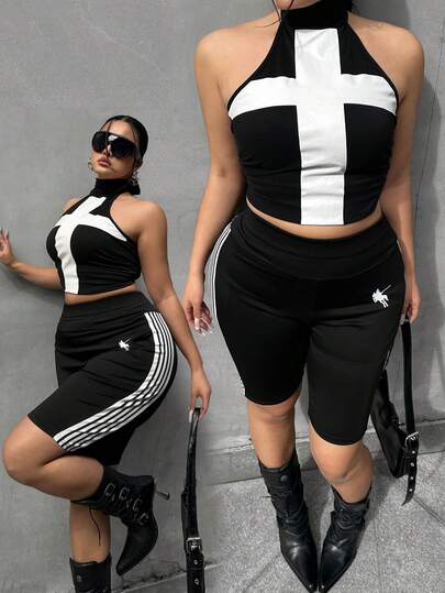 POPSWAY Plus Size High Waist Striped Contrast Color Pony Print Elegant Vintage Cute Casual Sports Bermuda Shorts Leggings