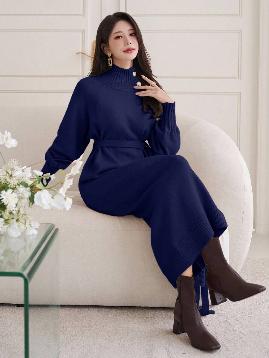 DAZY 女士休闲纯色高领铆钉腰带毛衣连衣裙,秋冬款 - 藏蓝色 - 查看 1