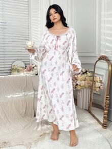 Dazy Plus Floral Contrast Lace Elastic Fitted Long Flare Sleeve Nightgown, Spring/Autumn - Pink - View 6
