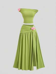 Sweetra Bộ đồ mùa xuân mới, thiết kế hiện đại, thanh lịch, dáng rộng, dài, ôm sát, hở vai, phong cách retro, gợi cảm, chất liệu nhung, đa năng, thoải mái, thích hợp cho hoạt động ngoài trời, màu xanh lá cây. - màu xanh lá - Xem 7