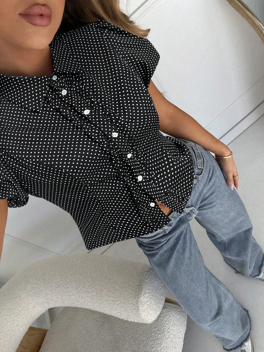 SHEIN EZwear 黑色编织波点吊带短袖女式衬衫，黑白波点上衣，黑白镶钻衬衫，波点上衣，纽扣上衣，夏季休闲上衣，可搭配牛仔裤，夏季女式衬衫，女士休闲装，女士上衣和衬衫，女士春季服装 - 黑色 - 查看 1