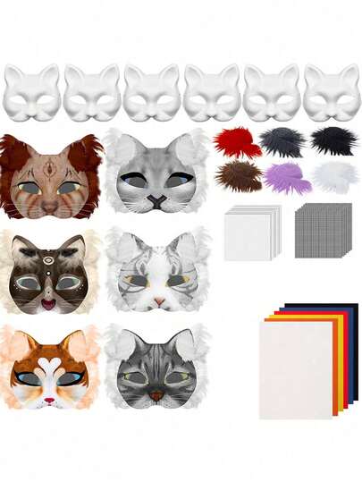 Kit de elaboración de mascarilla con diseño de cara de gato con fieltro, set de mascarillas con diseño de animal hecho a mano y colorido para disfraz, fiesta de carnaval, cosplay y festivales (kit de manualidades, accesorios de disfraz de Halloween)
