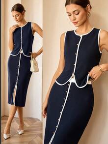Lymera Women's Navy Blue And White Summer Elegent Office 2-Piece Set,Metal Button Contrast Trim Vest & Skirt Co-Ords For Party,Graduation & Work - Multicolor - View 1
