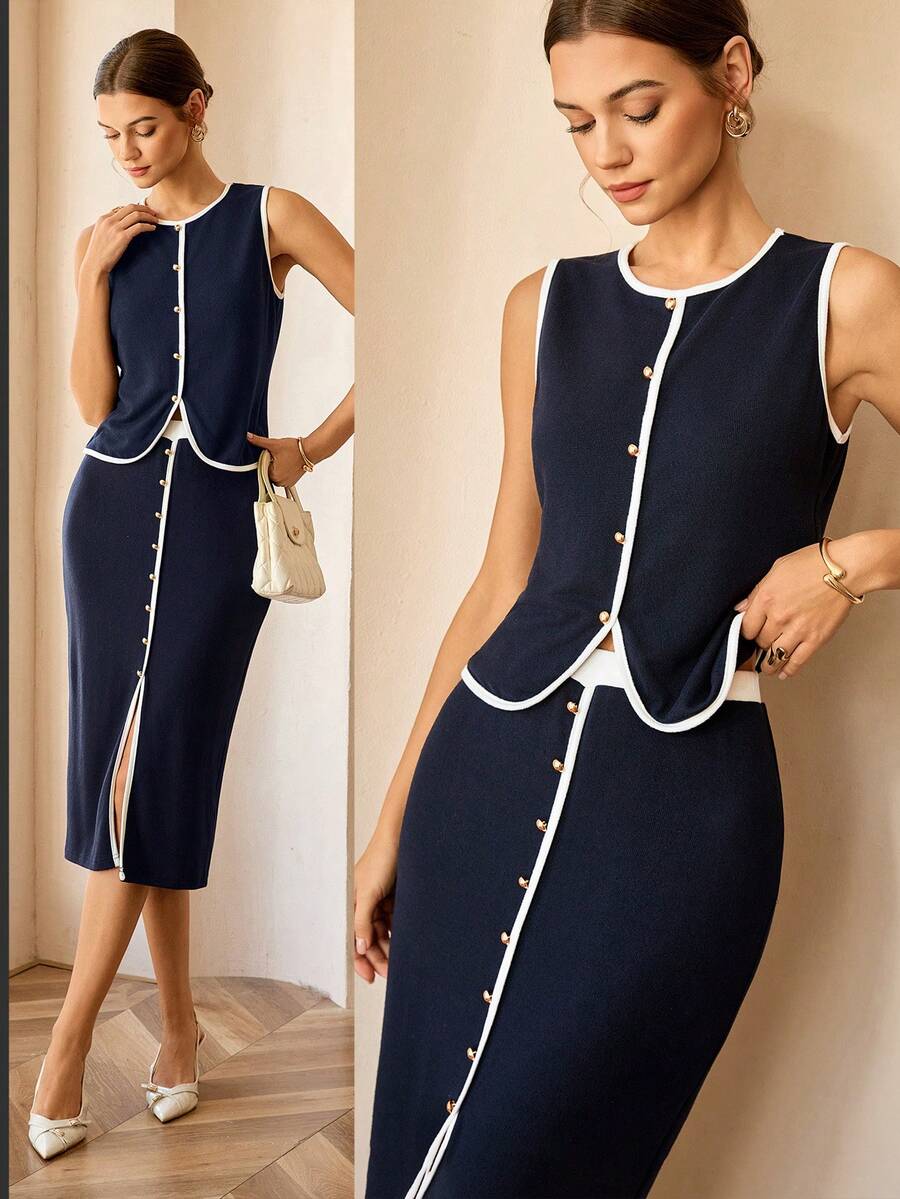 Lymera Women's Navy Blue And White Summer Elegent Office 2-Piece Set,Metal Button Contrast Trim Vest & Skirt Co-Ords For Party,Graduation & Work - Multicolor - View 1