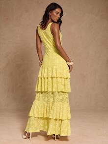 Glamine 花卉针织深V领连衣裙 浪漫层叠蛋糕裙 度假女士无袖长款黄色连衣裙 - 黃色 - 查看 2