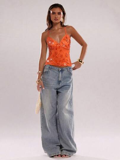 SHEIN BAE Women's Sleeveless Beaded Floral Elegant Top, Summer