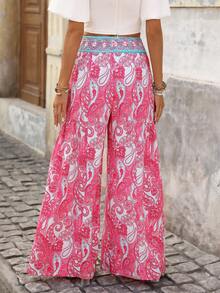 Brillora Quần nữ in họa tiết retro, thích hợp cho kỳ nghỉ hè, du lịch, phong cách boho thường ngày, quà Valentine cho nữ, quần ống rộng in họa tiết Paisley cho năm mới và mùa thu, quần in hoa thời trang, thích hợp cho mùa xuân/hè/thu, phong cách nghỉ mát. - Hồng - Xem 6