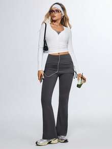 Eassivo Eassivo 女士纯色褶皱高腰喇叭裤 - 深灰色 - 查看 7