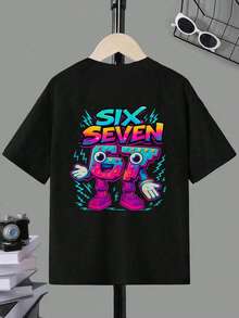 Coolqubz Tween Boys Casual Creative Personalized Refreshing Minimalist Cartoon Character, Gradient Number 67, Lightning, Letter Slogan Graphic Print Basic Short Sleeve T-Shirt, Comfortable Daily Wear, Cozy Summer & Fall Styles Suitable For Boys 5t Boy Tshirts Cheap Boys Y2k Shirts - Black - View 4