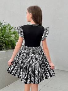 Firerie Kids Tween Girls Black Contrast Print Ruffle Hem Knit A-Line Dress, Waist Cinched, Princess Style, Casual & Fashionable For Daily Wear