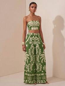 Zivah 春夏新款母亲节/婚礼季/生日派对/日常外出/百搭基础款/休闲度假/邮轮旅行/海滩日光浴/网红热销款/街头风/优雅通勤/商务/女士时尚绿白棕榈印花露肩露脐上衣和阔腿裤套装两件套夏季服装 - 彩色 - 查看 5