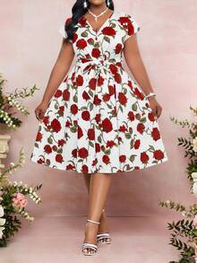 SHEIN Lady 大码优雅派对印花连衣裙 - 彩色 - 查看 1