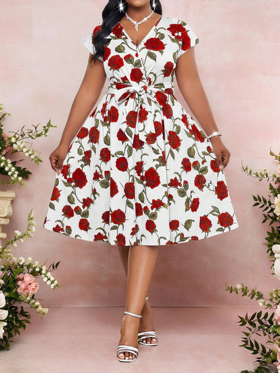 SHEIN Lady 大码优雅派对印花连衣裙 - 彩色 - 查看 1