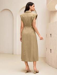 Seusyu Đầm cotton không tay cổ chữ V, eo thon, dài đến đầu gối dành cho nữ - Màu Khaki - Xem 2