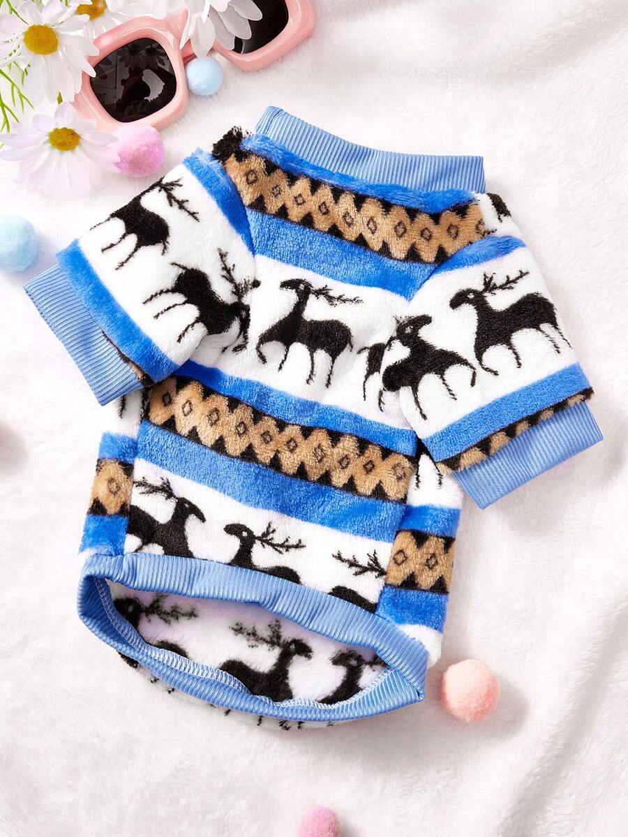 PETSIN 1 Pet With Hat, Blue And White Christmas Deer And Snowflake Pattern, Flannel Material - Blue - View 1