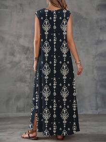 EMERY ROSE 女士V领复古图案连衣裙 春季长款连衣裙 波西米亚风长款连衣裙 女士夏季度假装扮 沙滩裙 夏季连衣裙 休闲装 - 彩色 - 查看 3