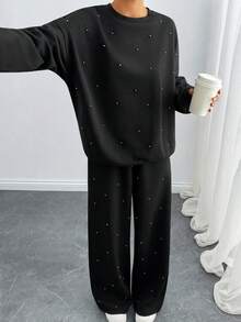 EURMUSE Set da casa in due pezzi con decorazioni in perle per donne - Felpa oversize e pantaloni a gamba ampia, tuta comoda, completo casual con tasche laterali, outfit morbido e confortevole per la casa - nero - Visualizzare 2