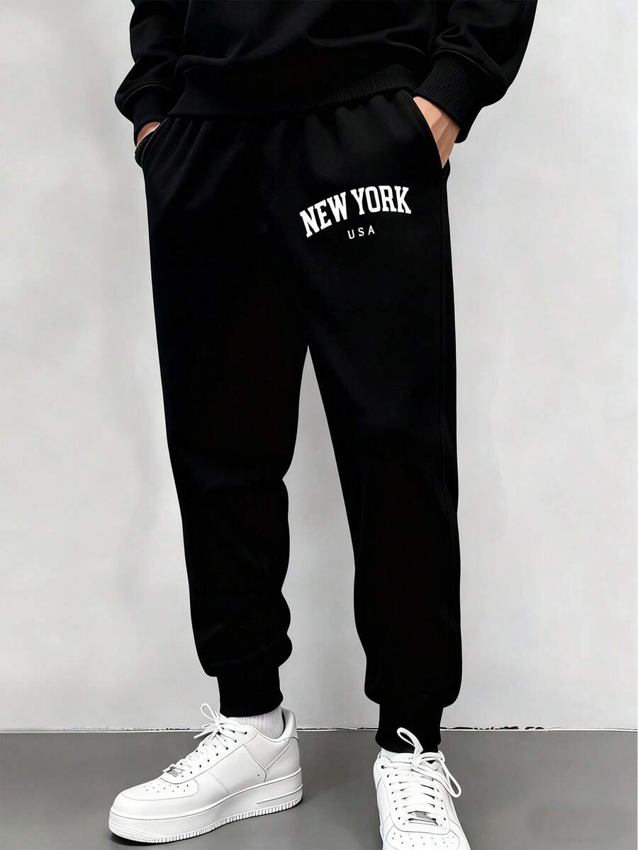 Pantalones de chándal informales con estampado de letras para hombre,Adecuado para todas las estaciones, desplazamientos diarios, actividades al aireentrenamientos de running. - Negro - Ver 1